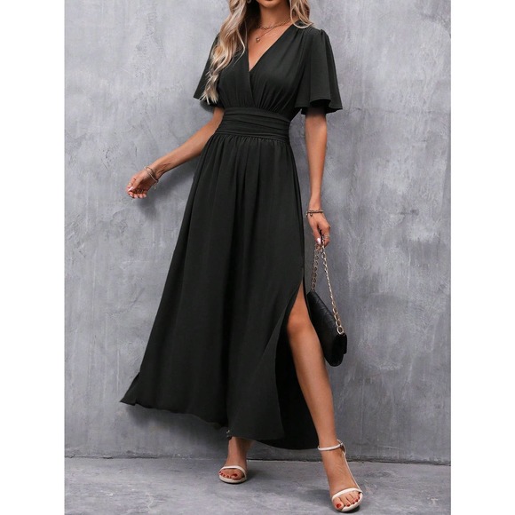 v neck Butterfly Sleeve Split Thigh maxi Dress black - Picture 1 of 11